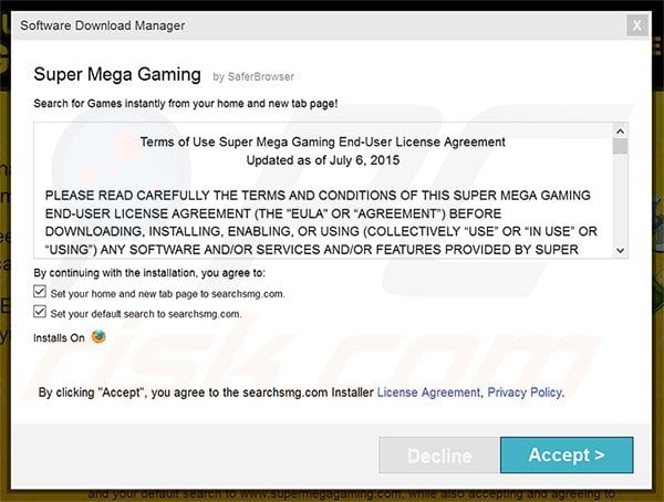 Official Super Mega Gaming browser hijacker installation setup