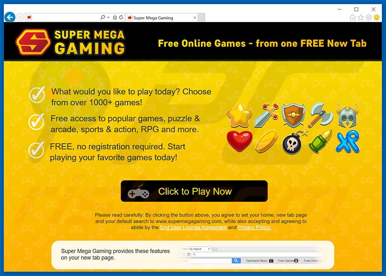 Website used to promote Super Mega Gaming browser hijacker