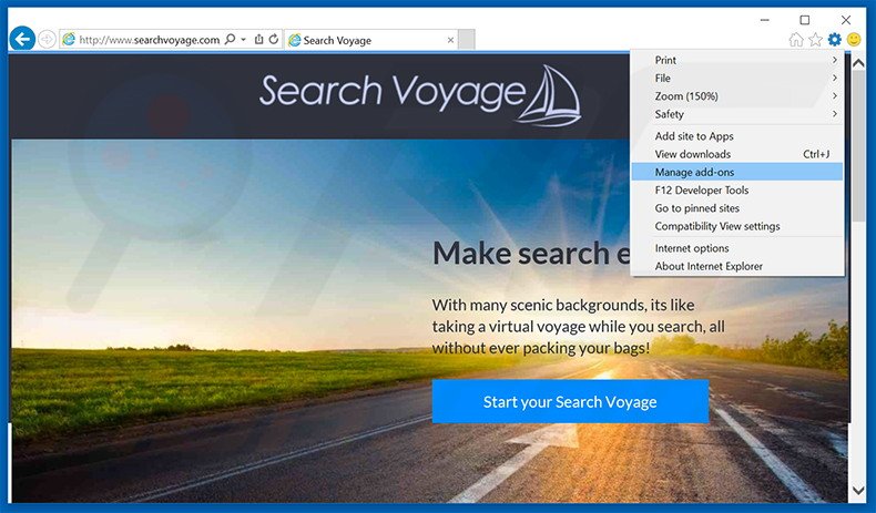 Removing Search Voyage ads from Internet Explorer step 1