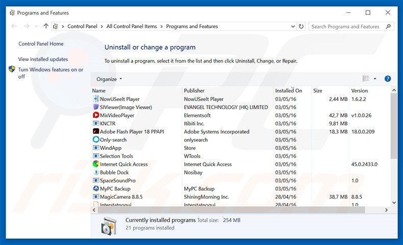 Search Voyage adware uninstall via Control Panel