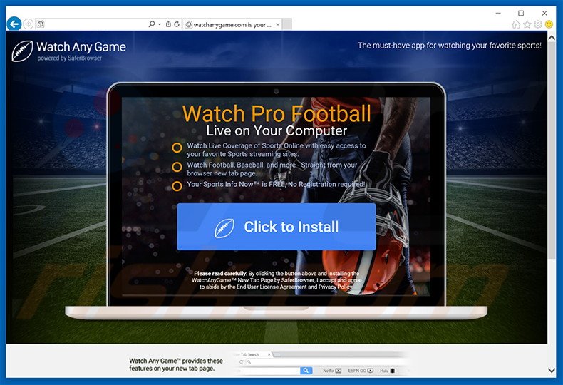 Website used to promote Watch Any Game browser hijacker