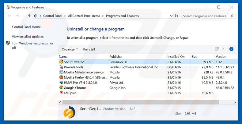 SecuriDex adware uninstall via Control Panel