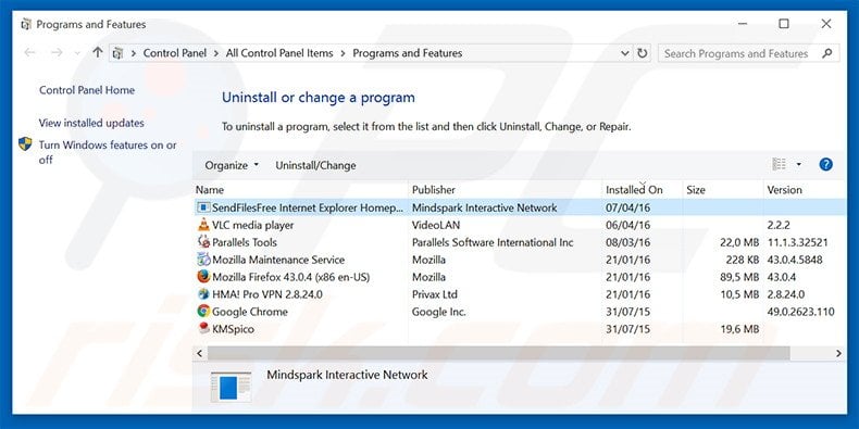 SendFilesFree browser hijacker uninstall via Control Panel
