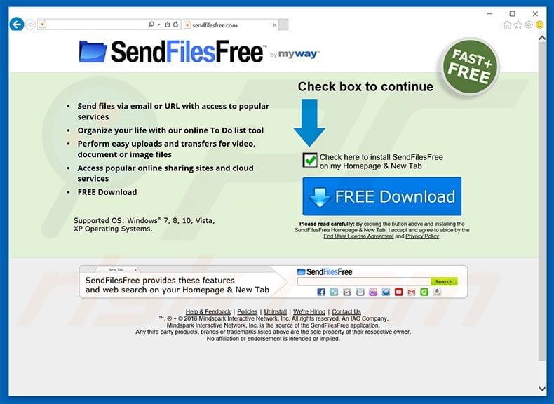 Website used to promote SendFilesFree toolbar