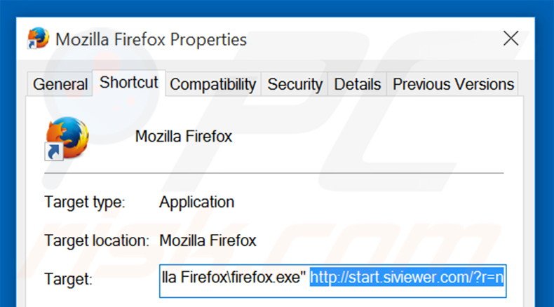 Removing siviewer.com from Mozilla Firefox shortcut target step 2