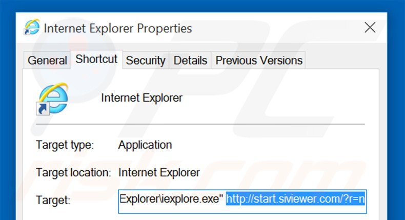 Removing siviewer.com from Internet Explorer shortcut target step 2