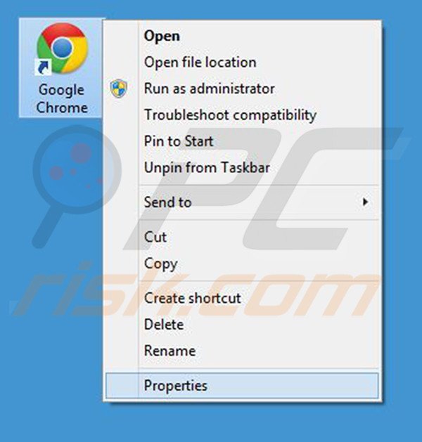 Removing search.snapdo.com from Google Chrome shortcut target step 1
