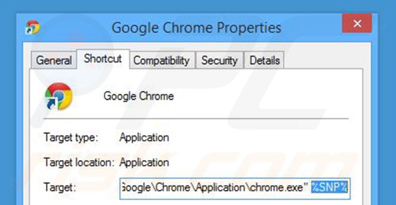 Removing search.snapdo.com from Google Chrome shortcut target step 2
