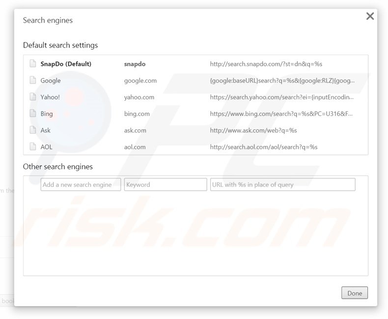 Removing search.snapdo.com from Google Chrome default search engine
