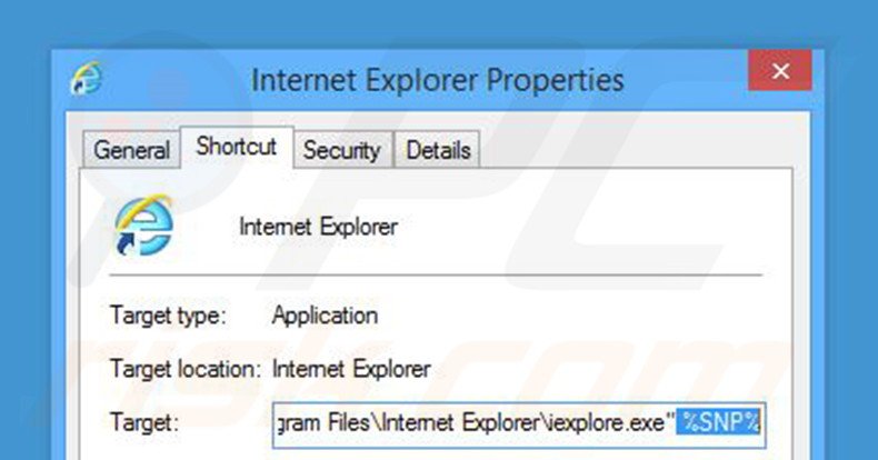 Removing search.snapdo.com from Internet Explorer shortcut target step 2