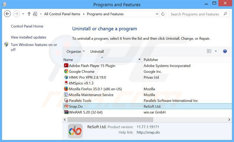 search.snapdo.com browser hijacker uninstall via Control Panel