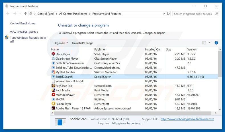 Social2Search adware uninstall via Control Panel