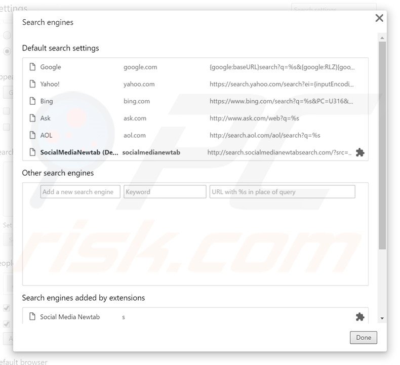 Removing search.socialmedianewtabsearch.com from Google Chrome default search engine