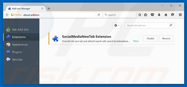 Removing search.socialmedianewtabsearch.com related Mozilla Firefox extensions