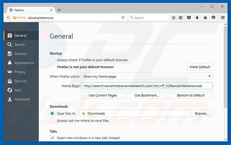 Removing search.socialmedianewtabsearch.com from Mozilla Firefox homepage