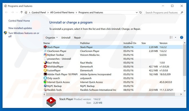 Stack Player adware uninstall via Control Panel