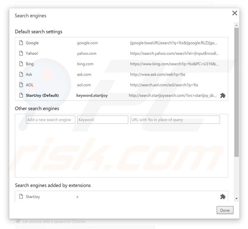 Removing search.startjoysearch.com from Google Chrome default search engine