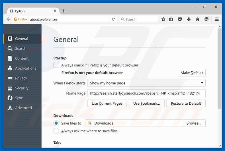 Removing search.startjoysearch.com from Mozilla Firefox homepage