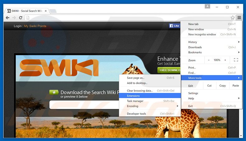 Removing Swiki  ads from Google Chrome step 1