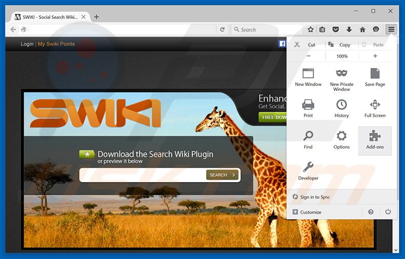 Removing Swiki ads from Mozilla Firefox step 1