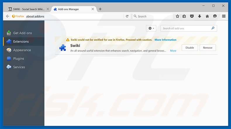 Removing Swiki ads from Mozilla Firefox step 2