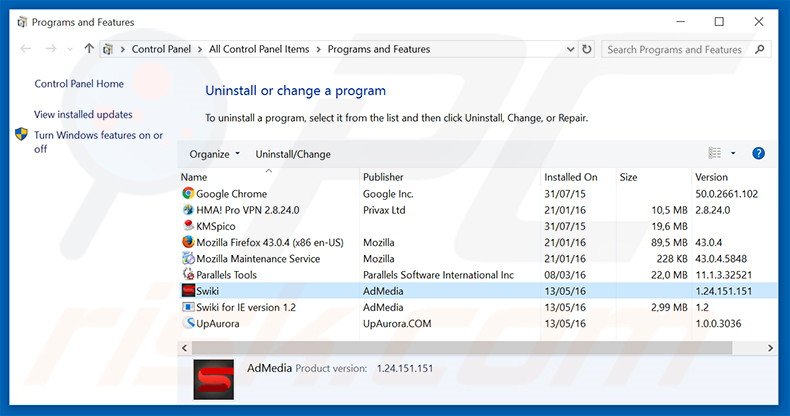 Swiki adware uninstall via Control Panel