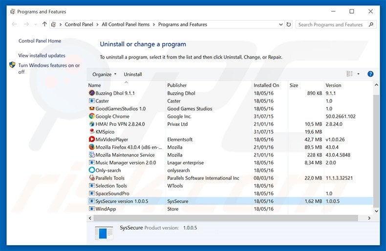 SysSecure adware uninstall via Control Panel