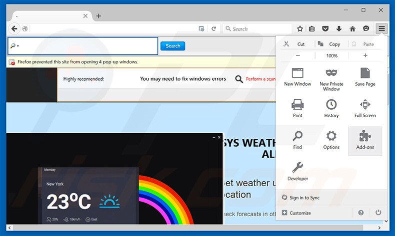 Removing SysWeatherAlert ads from Mozilla Firefox step 1