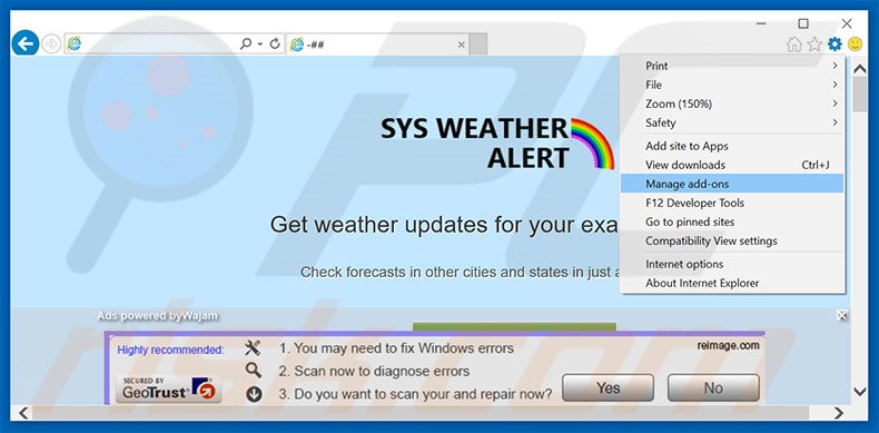 Removing SysWeatherAlert ads from Internet Explorer step 1