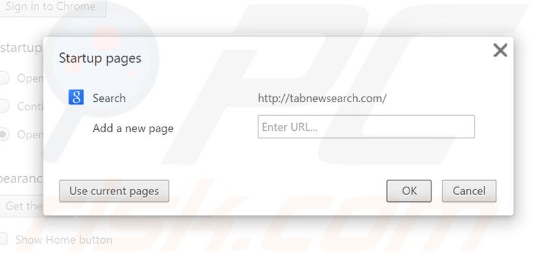 Removing tabnewsearch.com from Google Chrome homepage