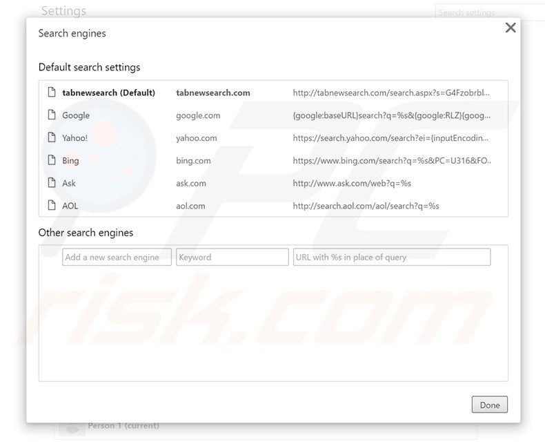 Removing tabnewsearch.com from Google Chrome default search engine