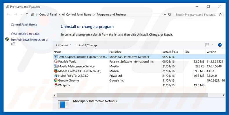 TestForSpeed browser hijacker uninstall via Control Panel