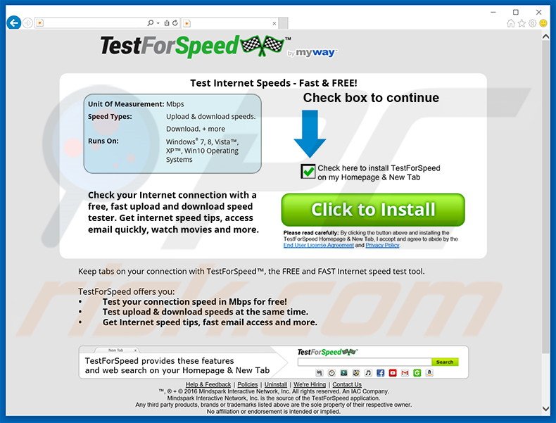 Website used to promote TestForSpeed browser hijacker