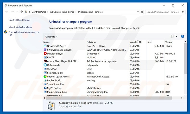 Tide Search adware uninstall via Control Panel