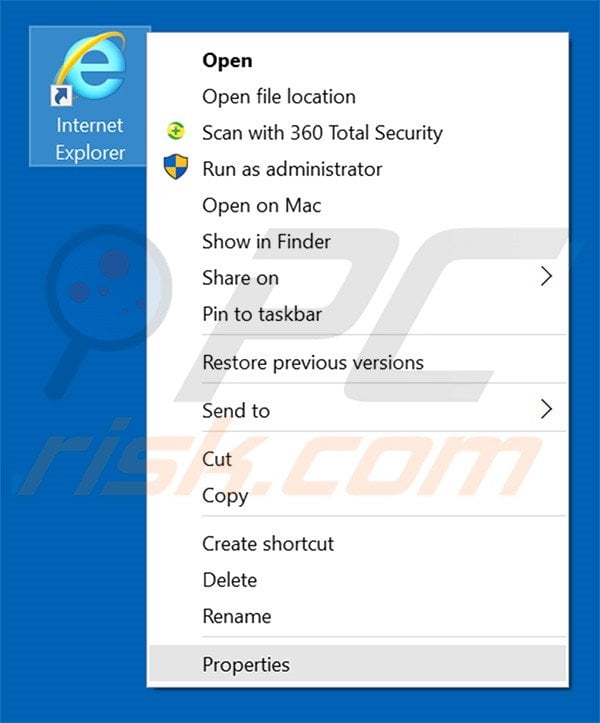 Removing trendingbees.com from Internet Explorer shortcut target step 1