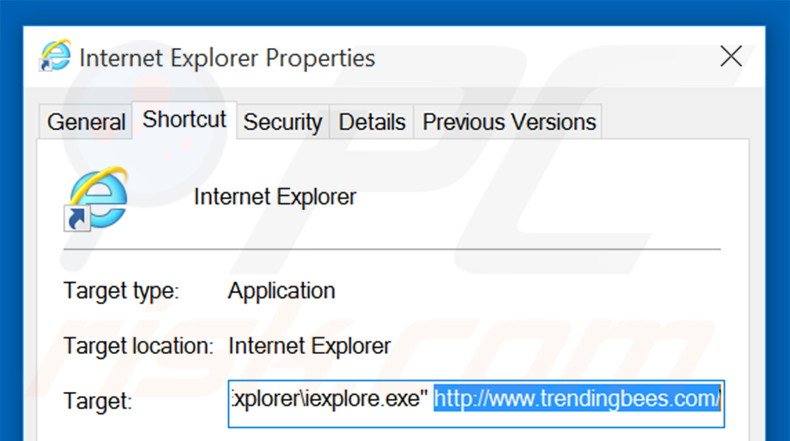 Removing trendingbees.com from Internet Explorer shortcut target step 2
