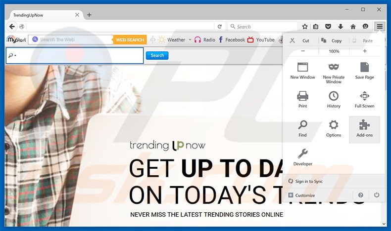 Removing TrendingUpNow ads from Mozilla Firefox step 1