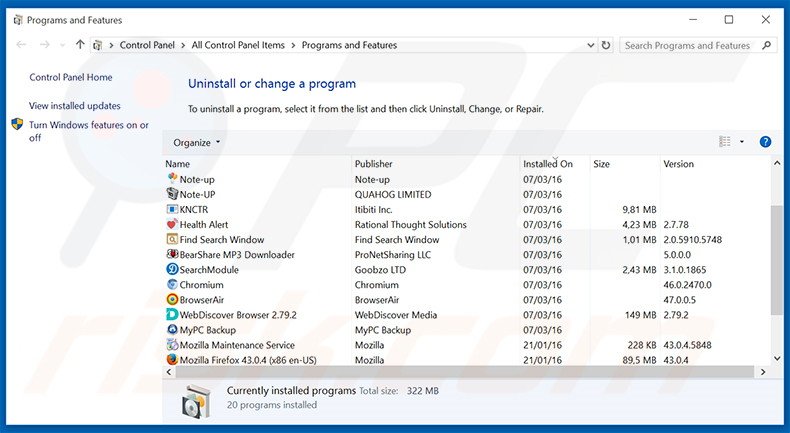 Trendio browser hijacker uninstall via Control Panel