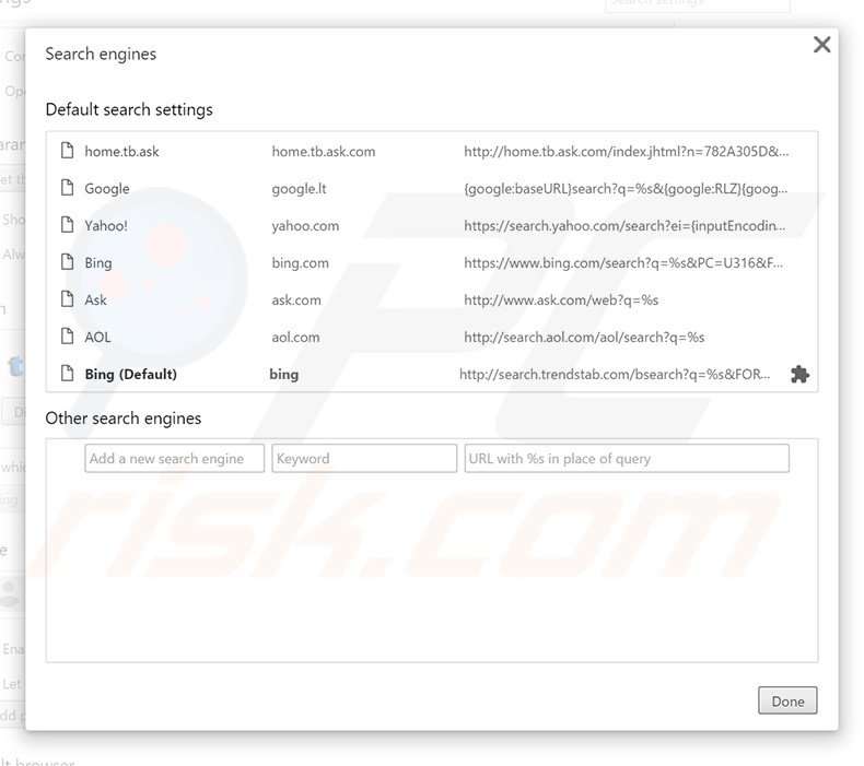 Removing search.trendstab.com from Google Chrome default search engine