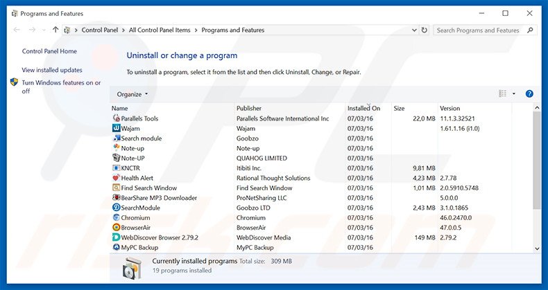 TrendsTab browser hijacker uninstall via Control Panel
