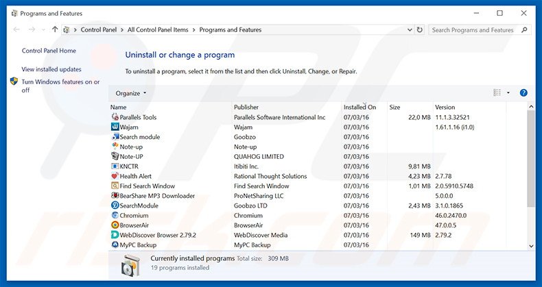 TrendsTab browser hijacker uninstall via Control Panel