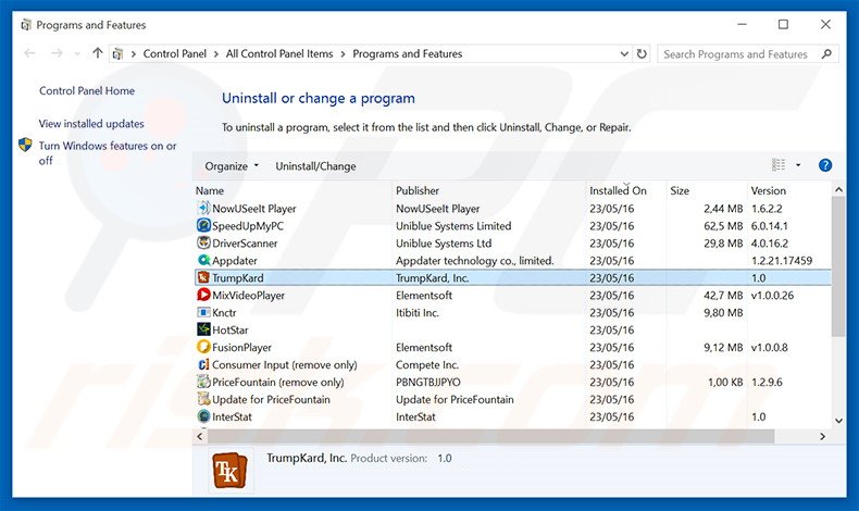 TrumpKard adware uninstall via Control Panel