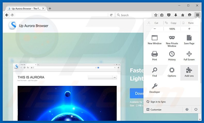 Removing Up Aurora Browser ads from Mozilla Firefox step 1