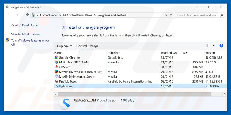 Up Aurora Browser adware uninstall via Control Panel