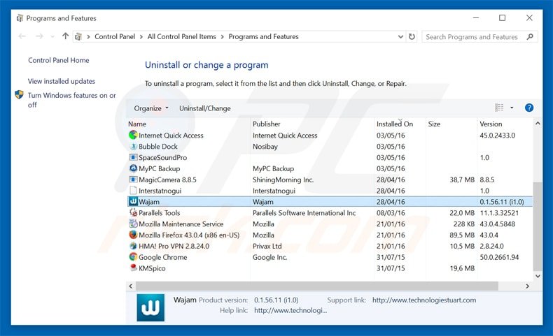 wajam adware uninstall via Control Panel