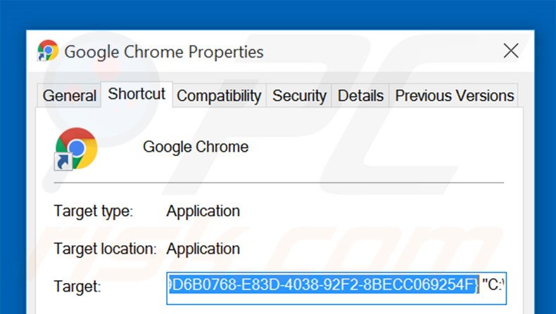 Removing walasearch.com from Google Chrome shortcut target step 2