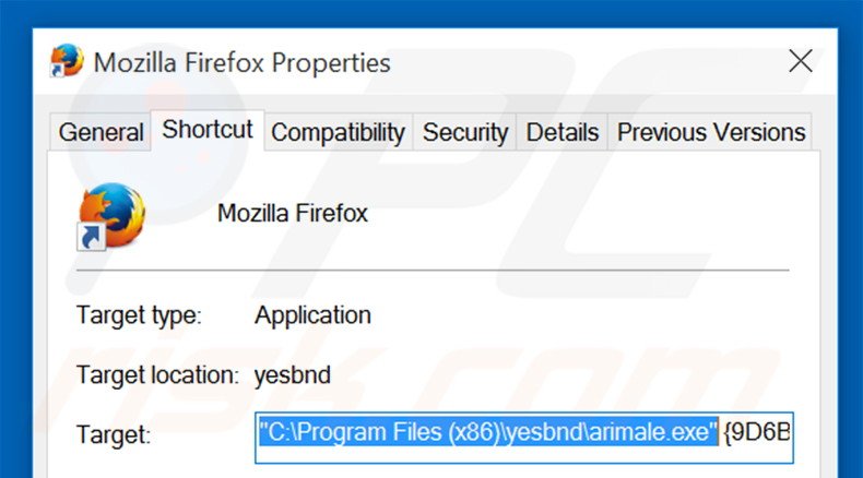 Removing walasearch.com from Mozilla Firefox shortcut target step 2