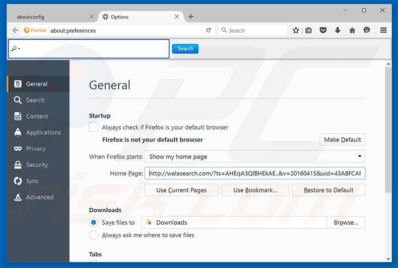 Removing walasearch.com from Mozilla Firefox homepage