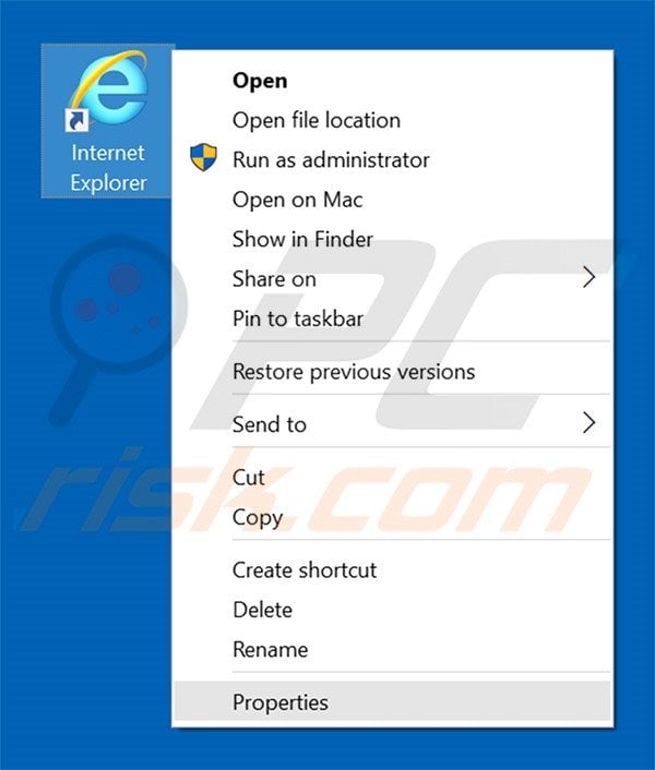 Removing walasearch.com from Internet Explorer shortcut target step 1