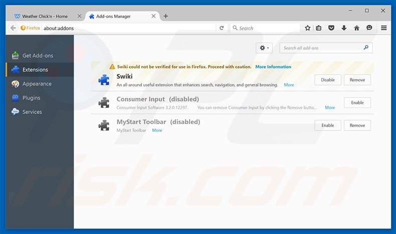 Removing Weather Chick'n ads from Mozilla Firefox step 2